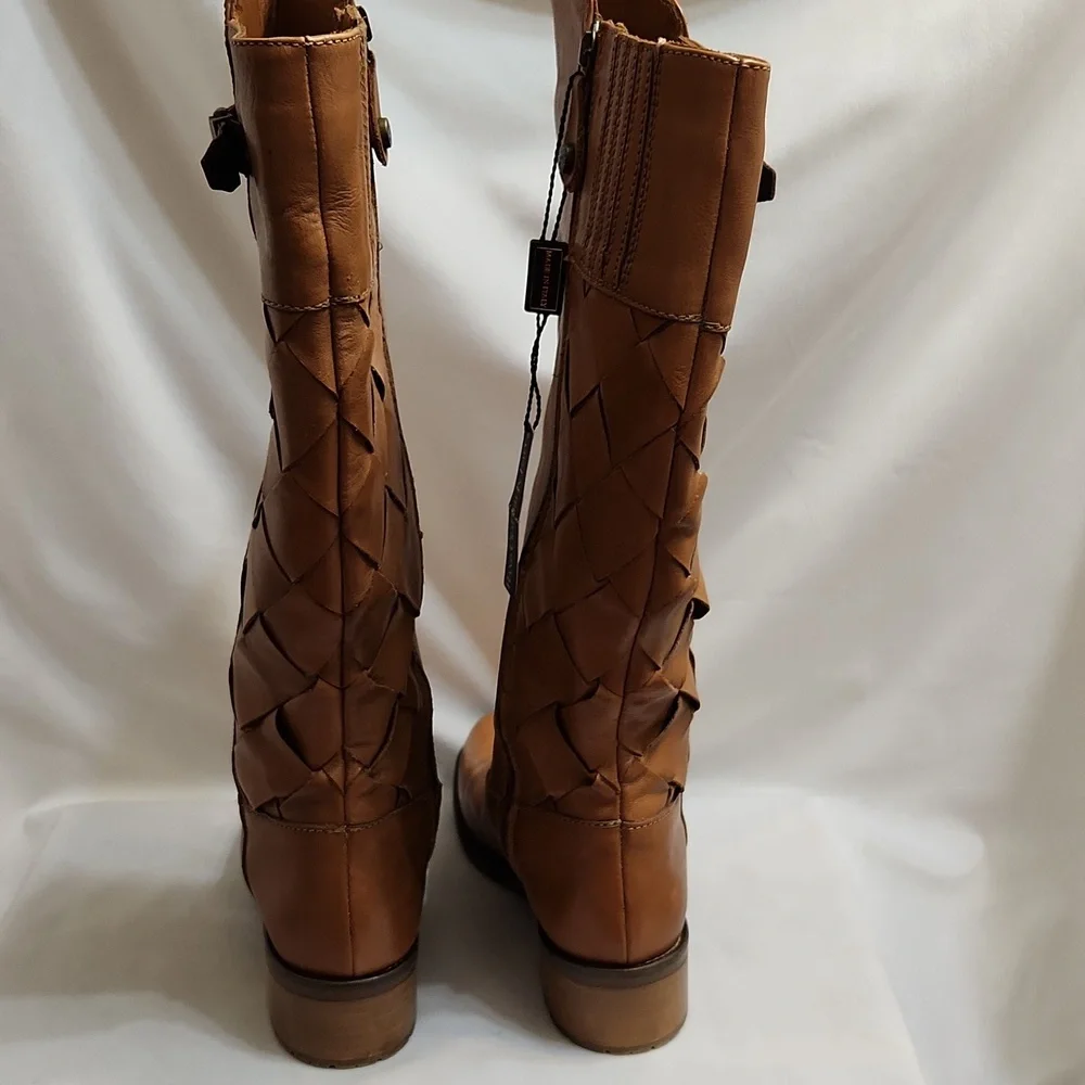 Fabianelli Woven Brown Leather Tall Lined Boots (W Size 37)
